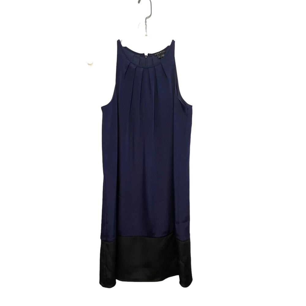 Theory Charlaine Pleat-Neck Shift Dress Women Size‎ 4 Silk Sleeveless Navy Blue